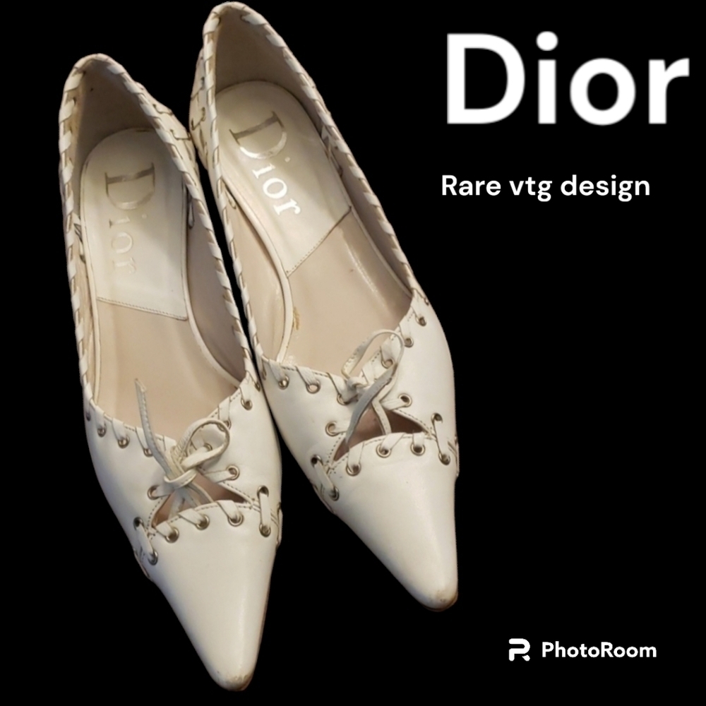 Dior Rare LU 12 Laces & Grommets White Leather Kitten Heels 38.5 - 8 Unique Euro